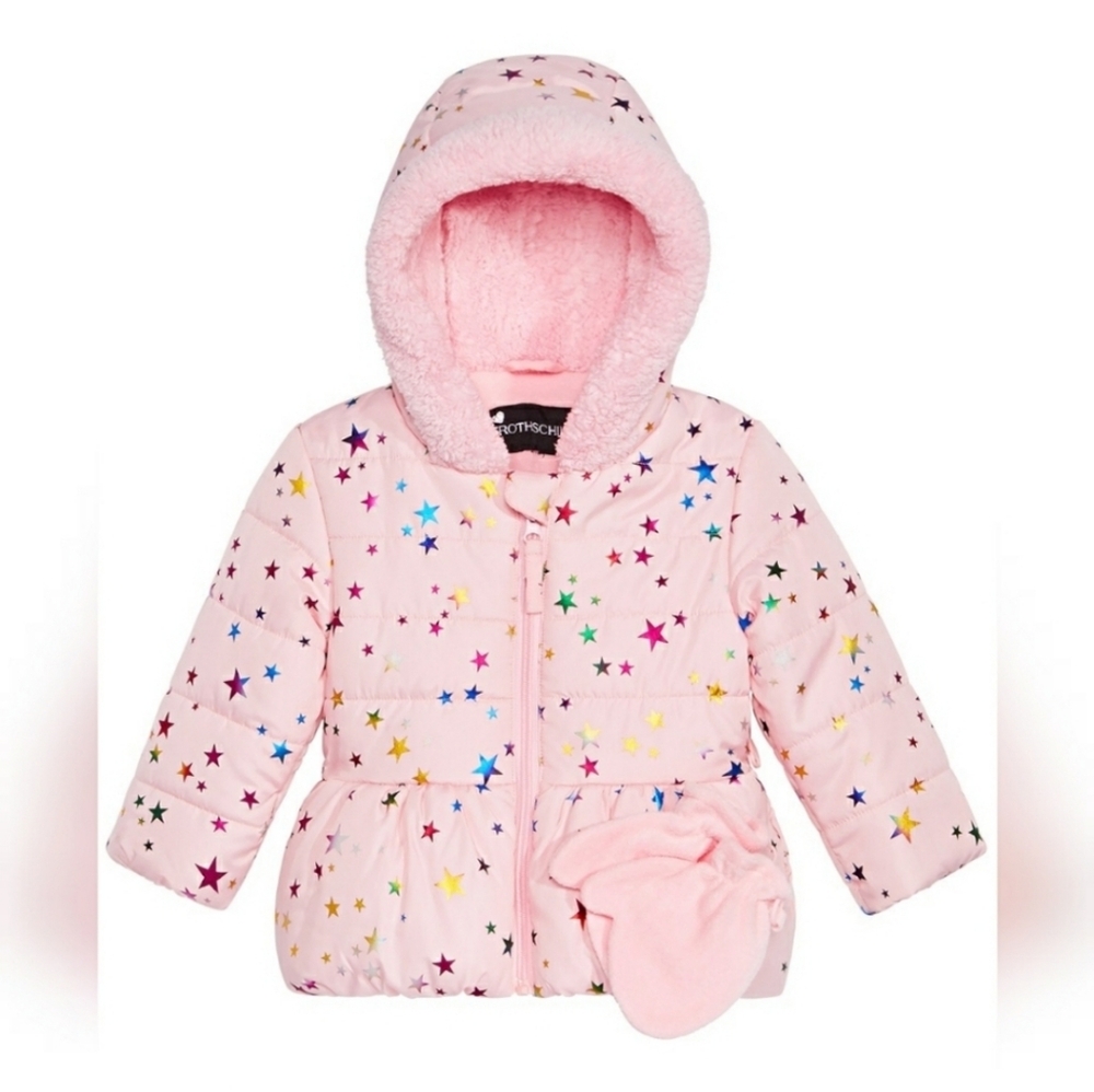 NEW Rothschild Pink Star-Patterned Hooded Jacket with Mittens, Size 18 Months